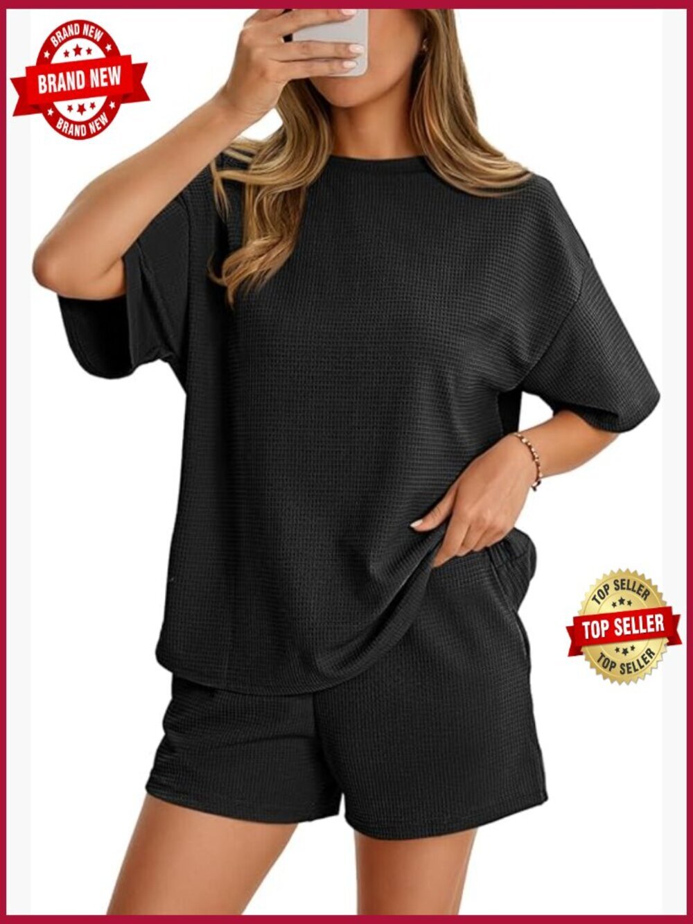 Women's Waffle Knit Shorts Set 2 Piece Lounge Outfit Loose Fit Summer